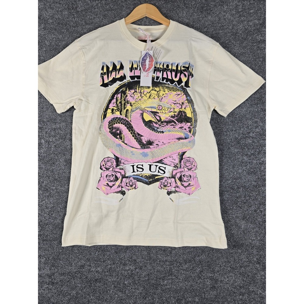 Reason‎ Women Snake Roses Graphic Tee Cream Short Sleeve Casual Top Size Medium